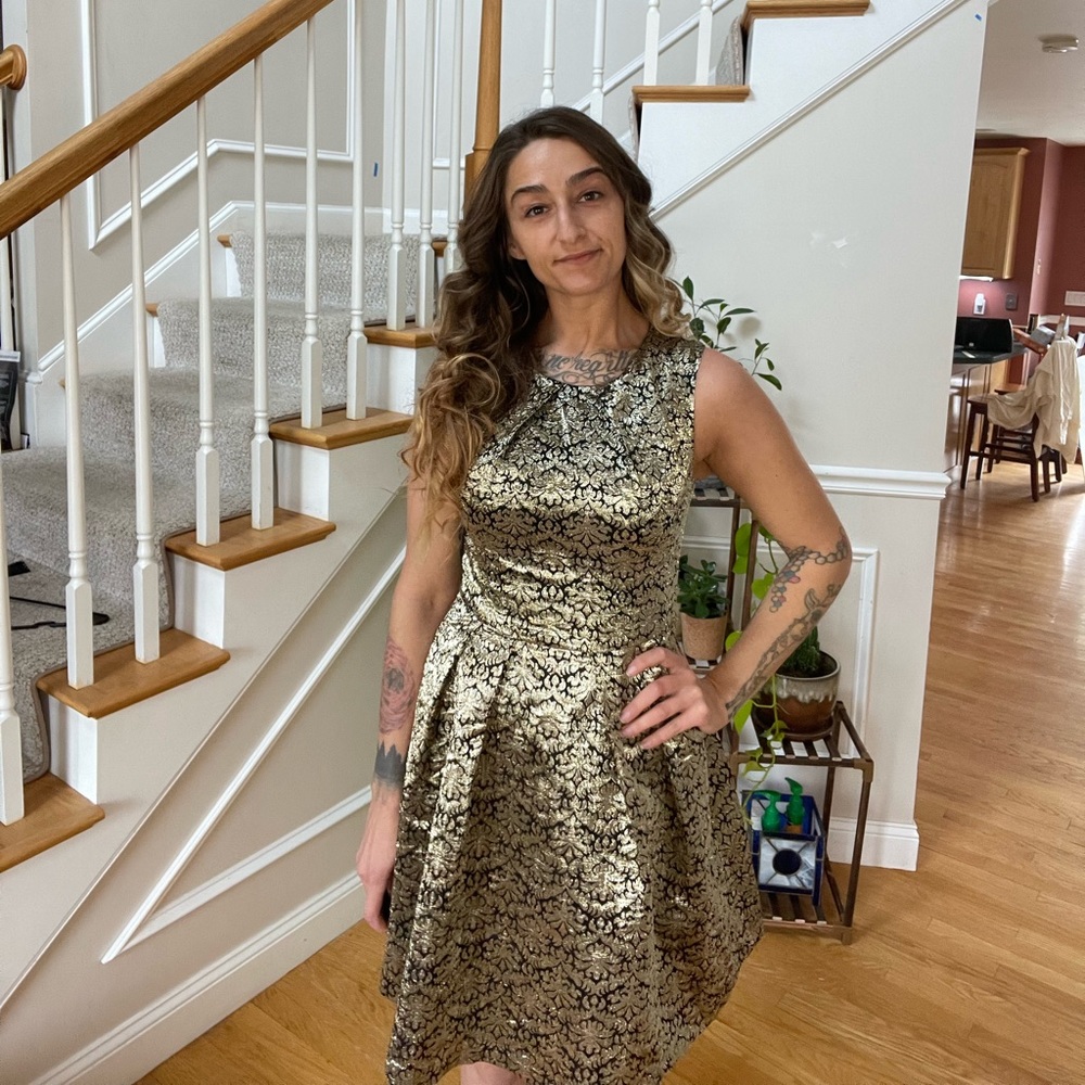 Sexy and elegant Black and Gold floral embroidery cocktail skater dress